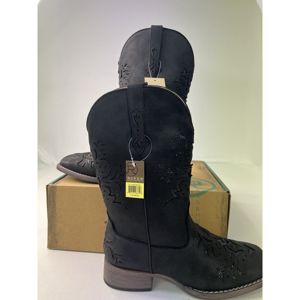 ROPER WOMEN'S KENNEDY BLACK WITH GLITTER INLAY WIDE SQUARE TOE COWBOY BOOTS Sz 9 - Picture 2 of 11